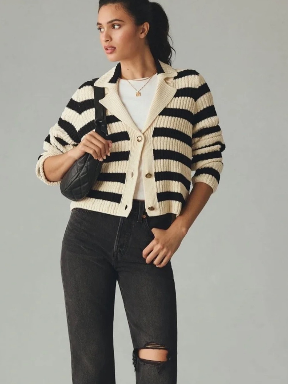 Maeve by Anthropologie Greta Black & Cream Striped Ribbed‎ Button Polo Cardigan